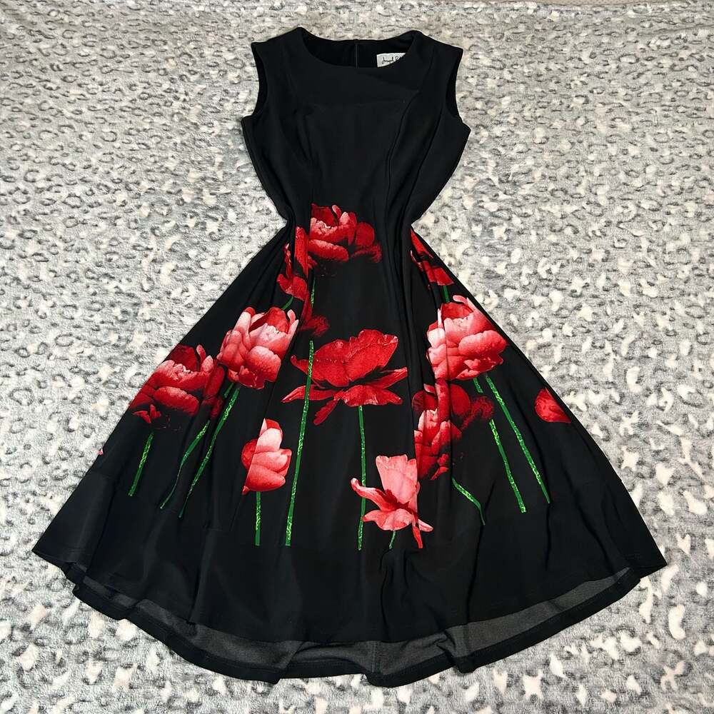 Joseph Ribkoff Black Sleeveless Red Poppy Floral Print A-Line Midi Dress Size 6